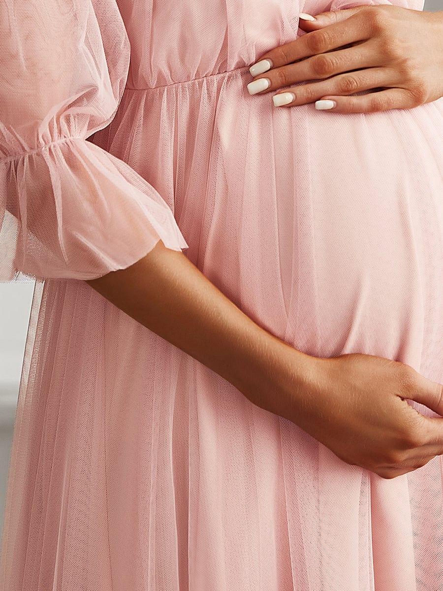 Off the Shoulder Pleated Tulle Maxi Maternity Wedding Guest Dress - Image 3