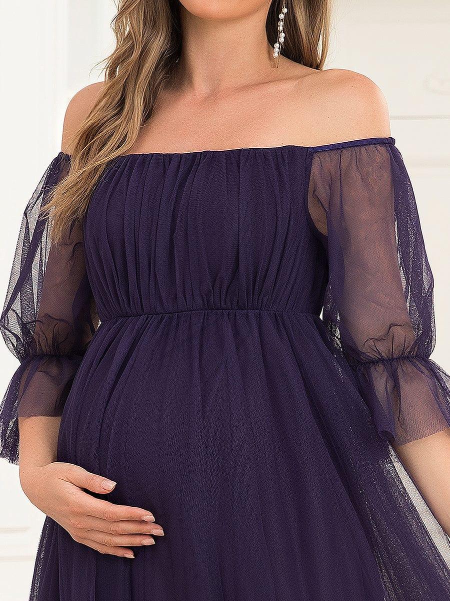 Off the Shoulder Pleated Tulle Maxi Maternity Wedding Guest Dress - Image 31