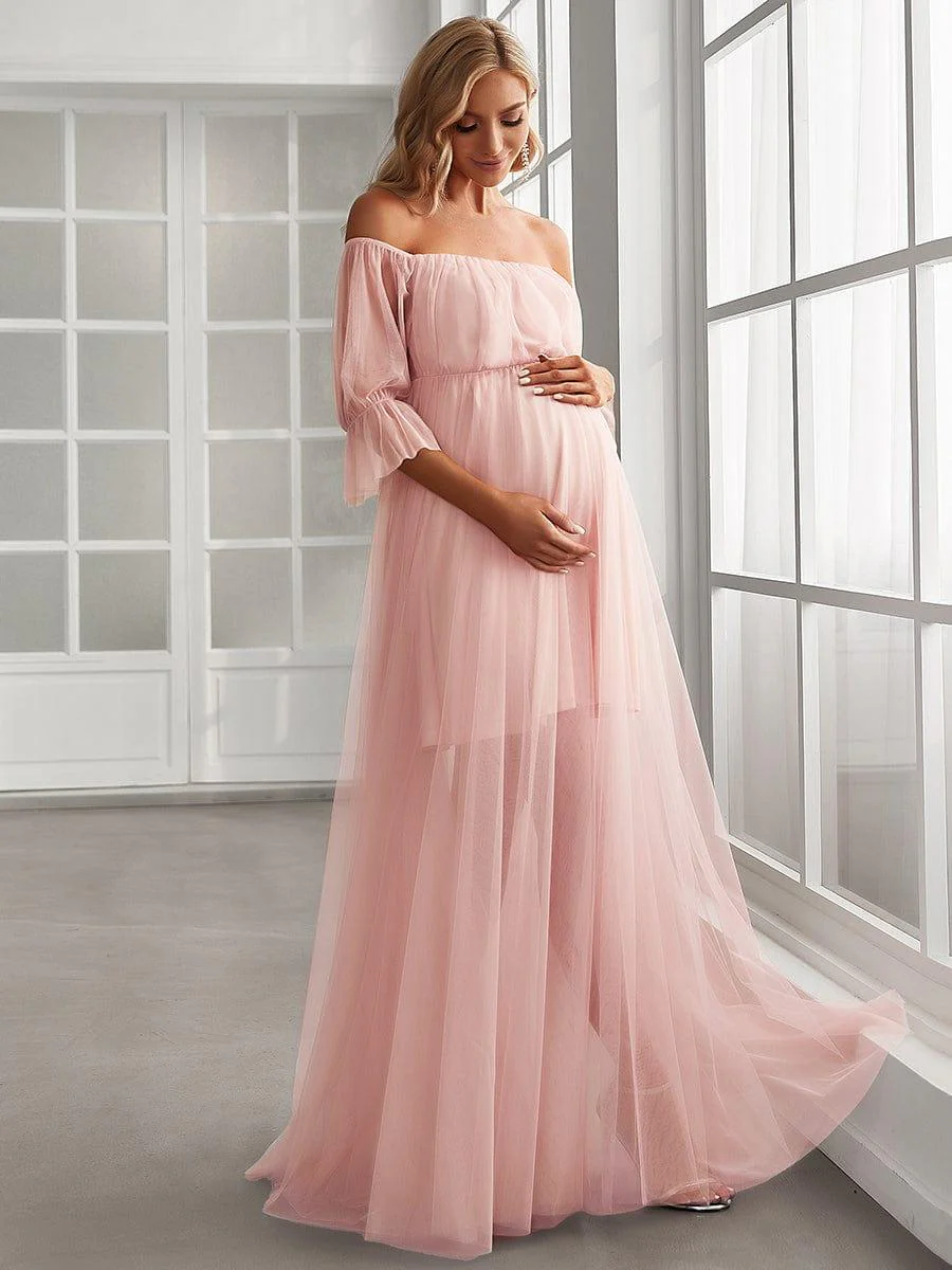Off the Shoulder Pleated Tulle Maxi Maternity Wedding Guest Dress - Image 4