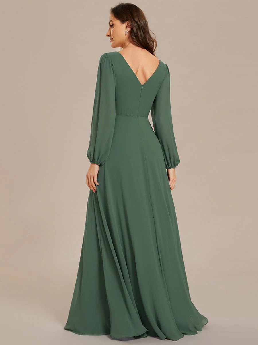 ever ESMÉE|Pleated Double V-Neck Long Sleeves Shiny Belt Chiffon Dress In Pink - Image 10