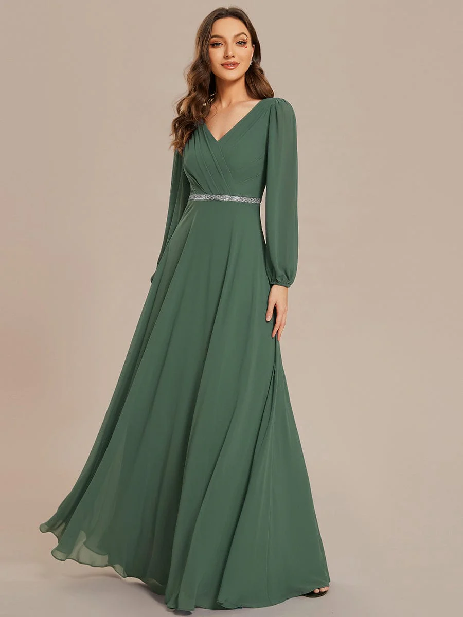 ever ESMÉE|Pleated Double V-Neck Long Sleeves Shiny Belt Chiffon Dress In Pink - Image 11