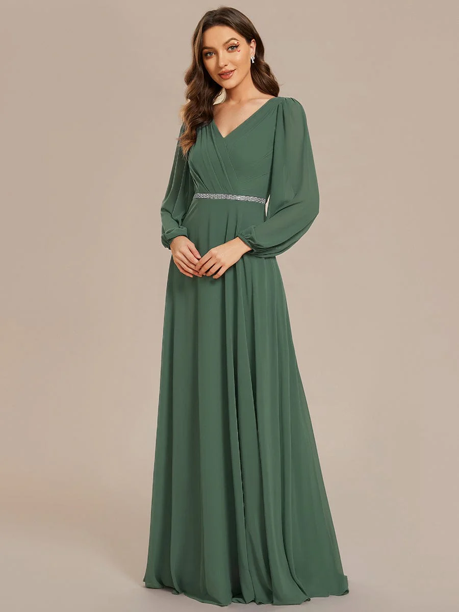 ever ESMÉE|Pleated Double V-Neck Long Sleeves Shiny Belt Chiffon Dress In Pink - Image 12