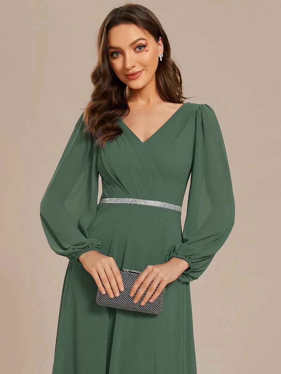 ever ESMÉE|Pleated Double V-Neck Long Sleeves Shiny Belt Chiffon Dress In Pink - Image 13