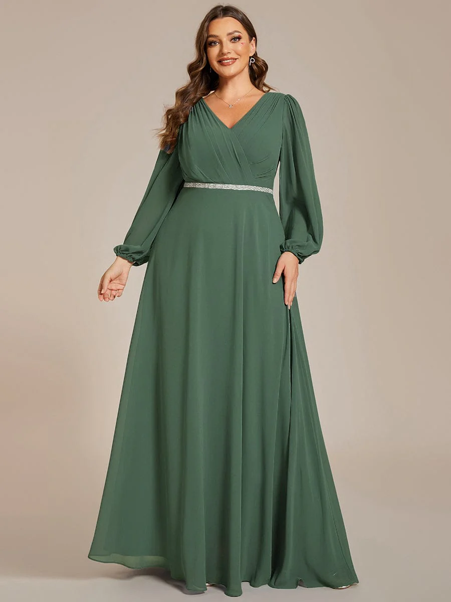 ever ESMÉE|Pleated Double V-Neck Long Sleeves Shiny Belt Chiffon Dress In Pink - Image 14
