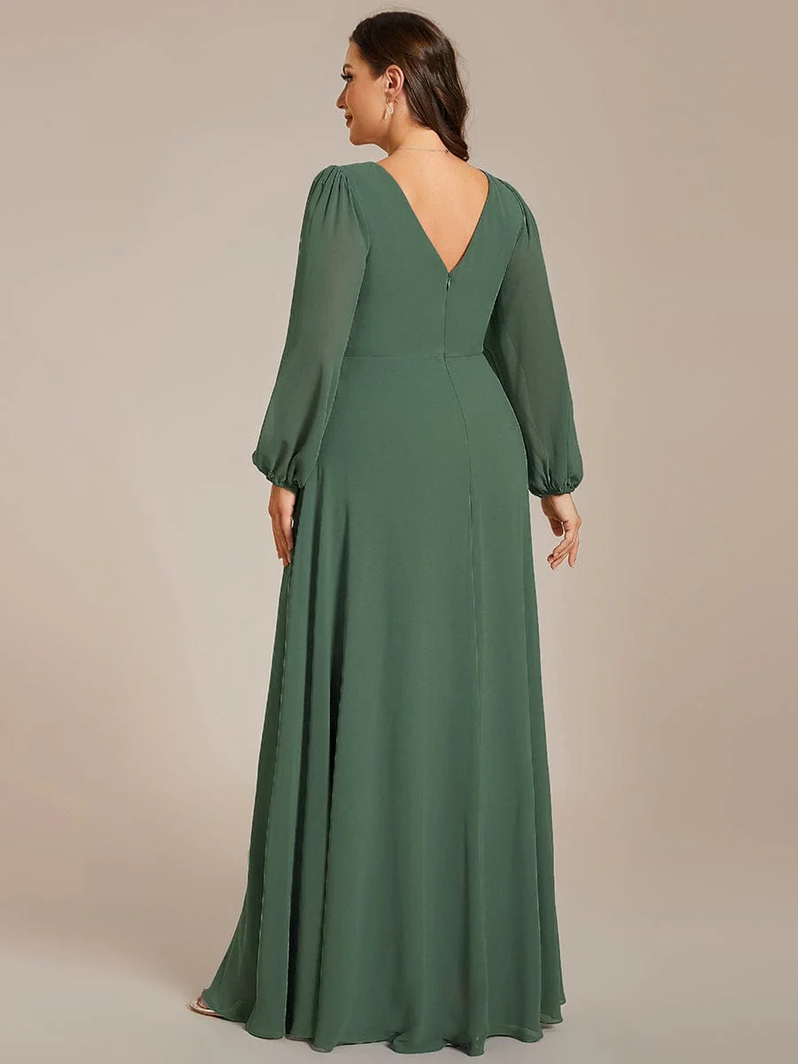 ever ESMÉE|Pleated Double V-Neck Long Sleeves Shiny Belt Chiffon Dress In Pink - Image 15