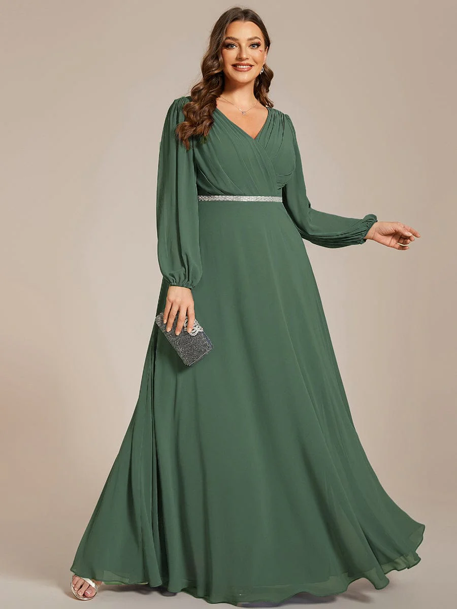 ever ESMÉE|Pleated Double V-Neck Long Sleeves Shiny Belt Chiffon Dress In Pink - Image 16