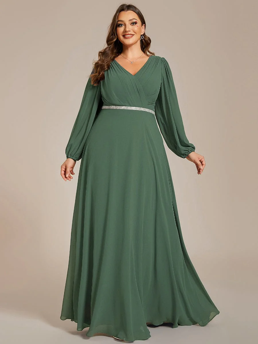 ever ESMÉE|Pleated Double V-Neck Long Sleeves Shiny Belt Chiffon Dress In Pink - Image 17