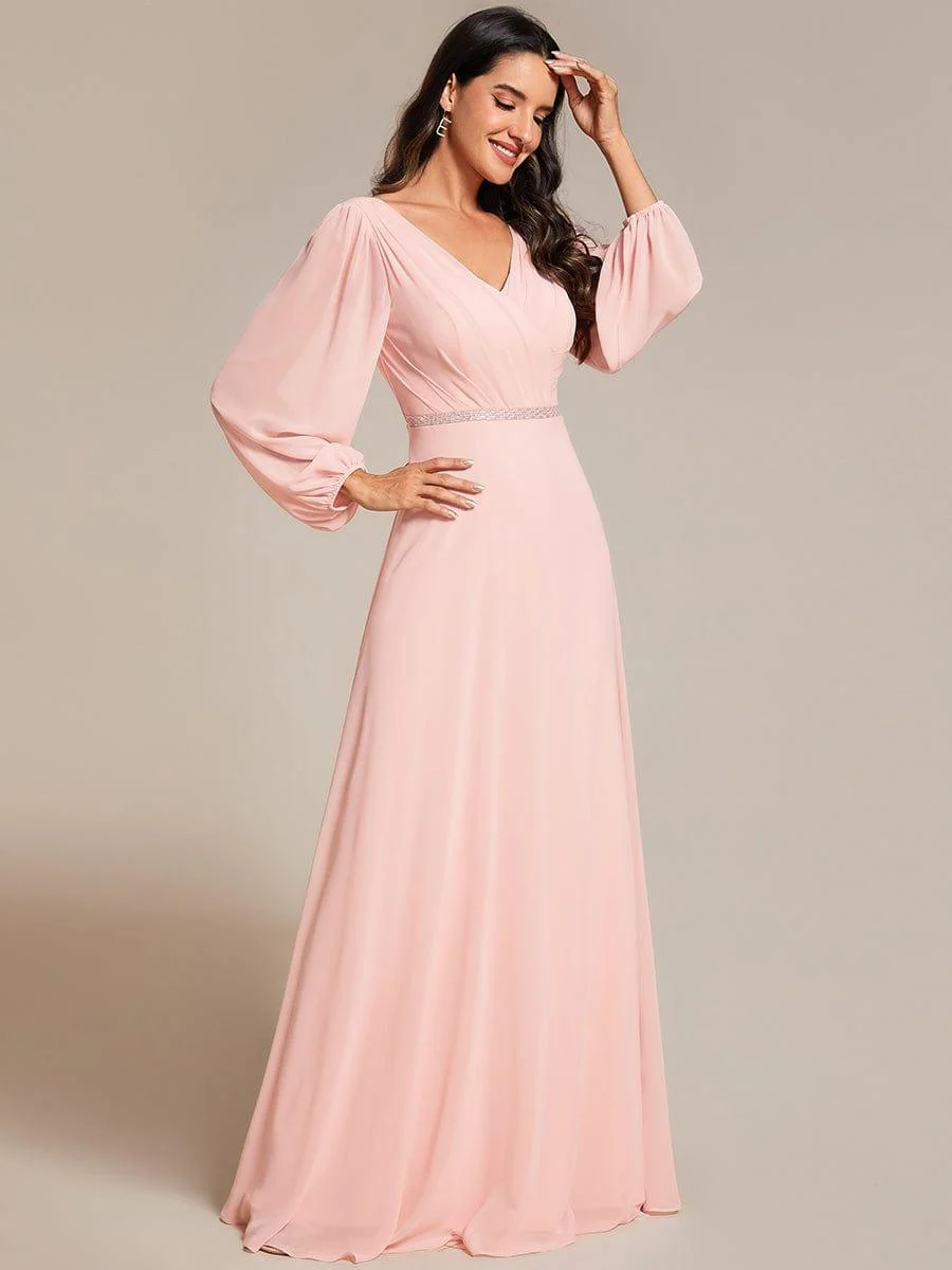 ever ESMÉE|Pleated Double V-Neck Long Sleeves Shiny Belt Chiffon Dress In Pink - Image 4