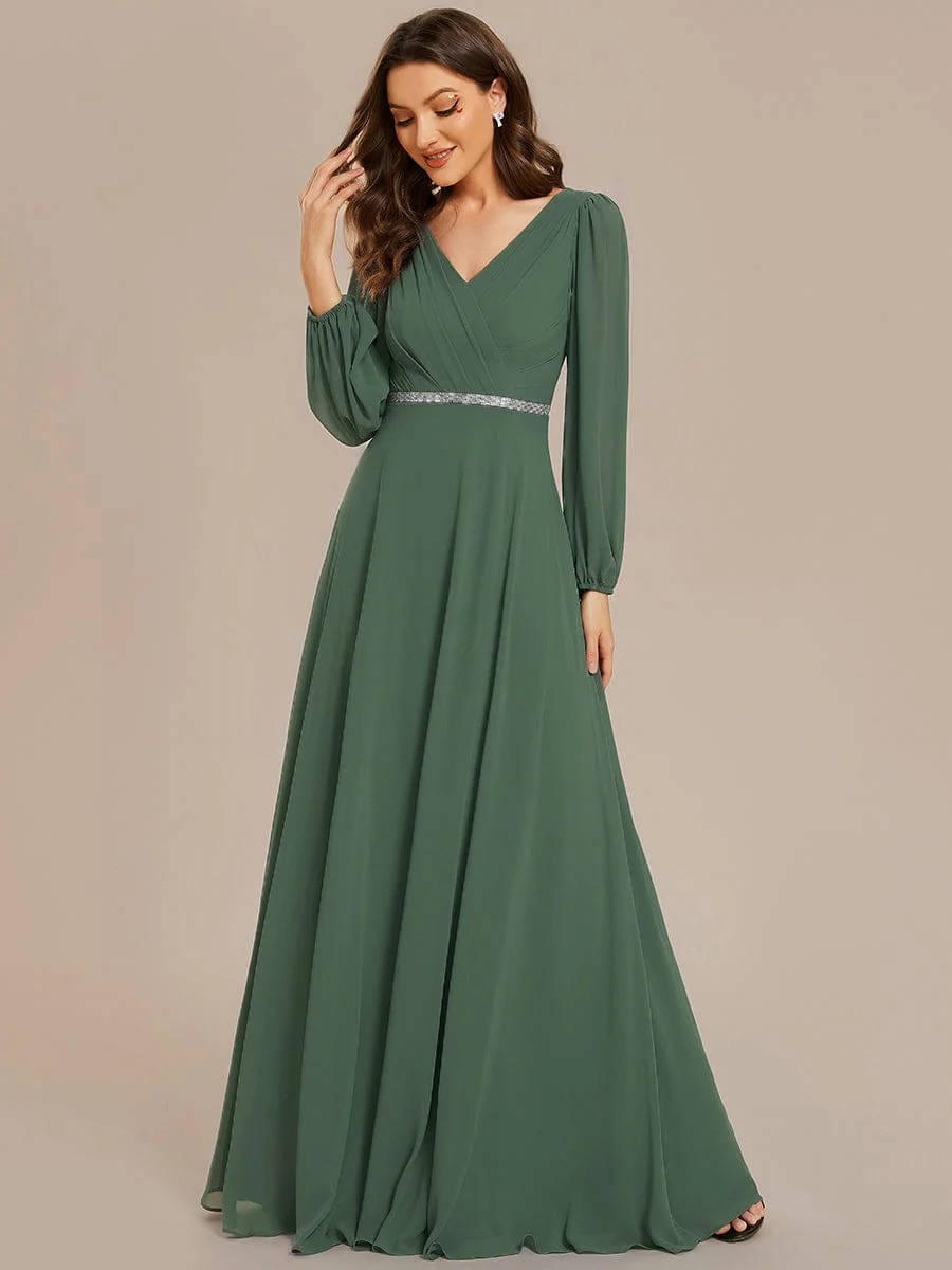 ever ESMÉE|Pleated Double V-Neck Long Sleeves Shiny Belt Chiffon Dress In Pink - Image 9
