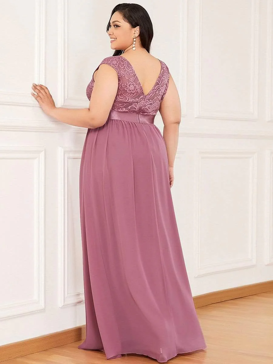 Plus Size Classic Round Neck V Back A-Line Chiffon Bridesmaid Dresses with Lace(Final Sale) - Image 26