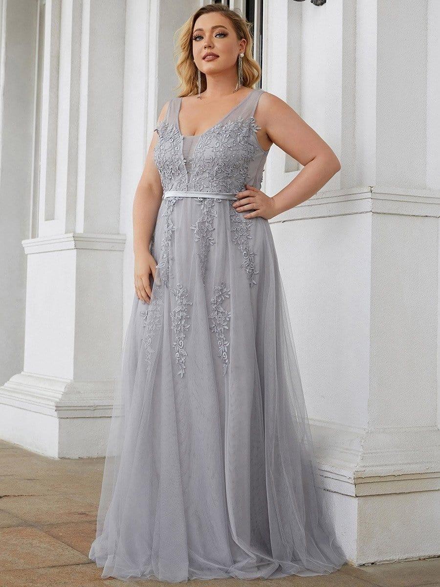 Plus Size Elegant Sleeveless Applique Flowy Tulle Evening Dress(Final Sale) - Image 6
