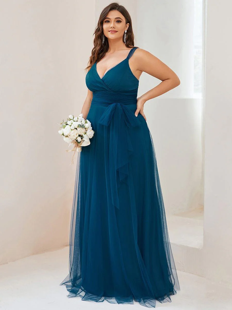 Plus Size Maxi Long Double V Neck Tulle Bridesmaid Dresses - Image 15