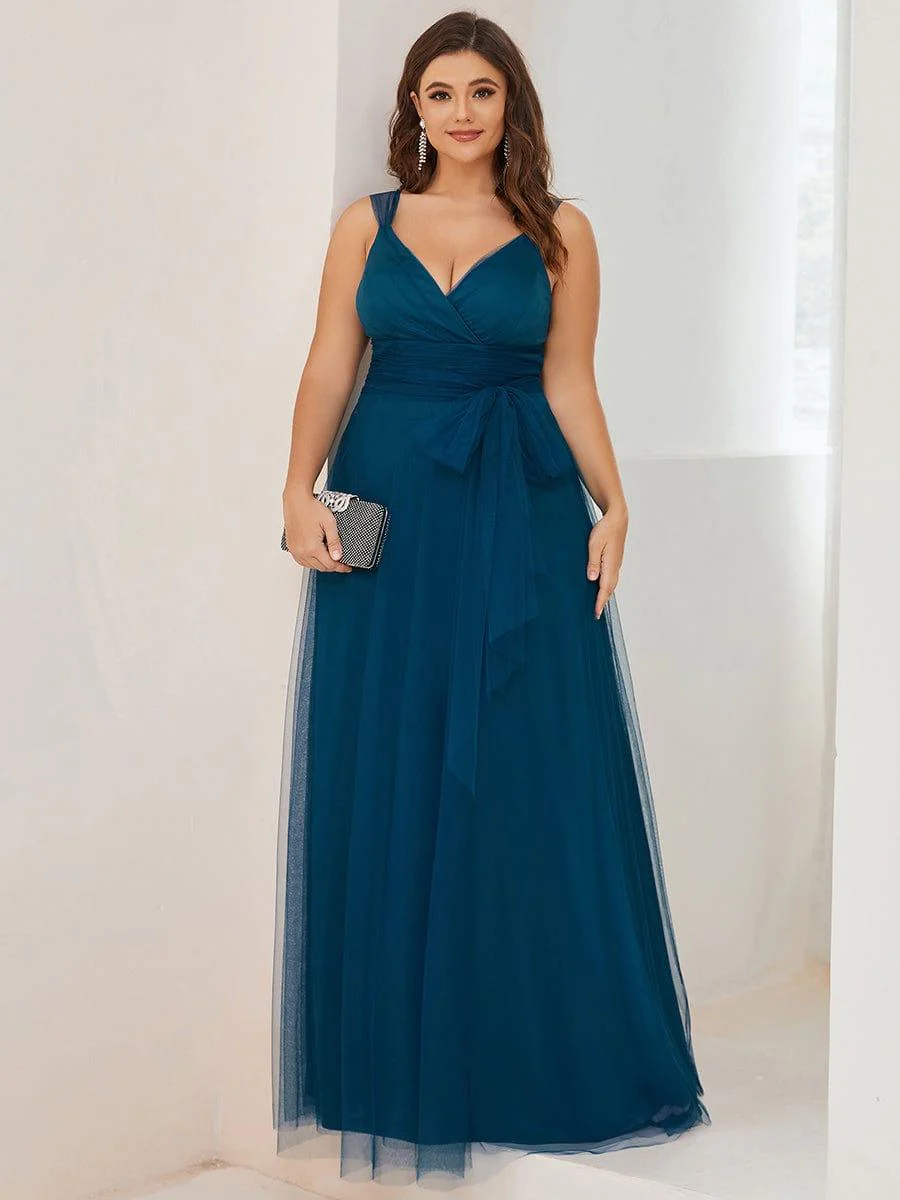 Plus Size Maxi Long Double V Neck Tulle Bridesmaid Dresses - Image 18