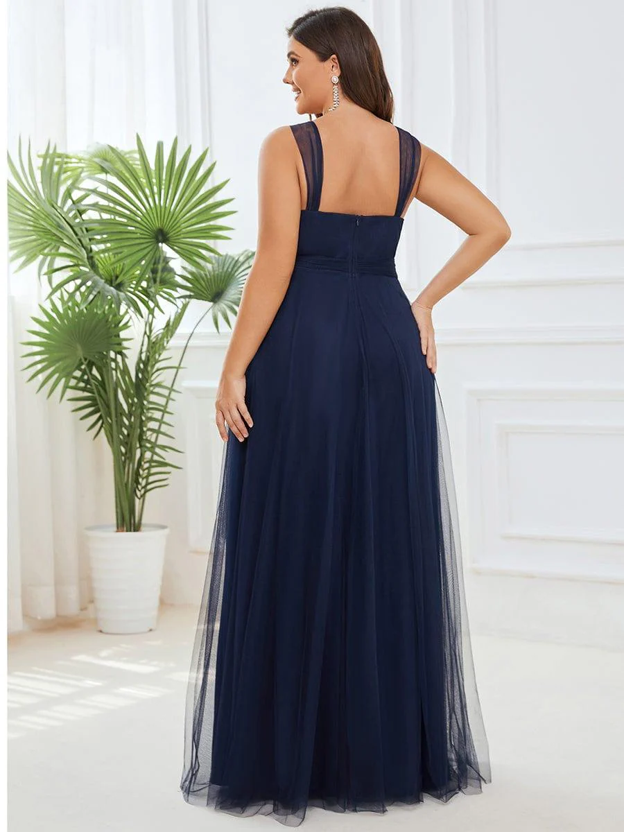 Plus Size Maxi Long Double V Neck Tulle Bridesmaid Dresses - Image 7