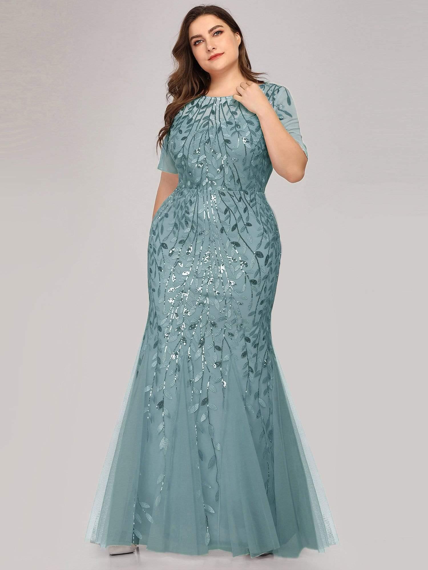 pretty JADEN|Plus Size Sequin Leaf Long Mermaid Tulle Prom Dress - Image 39