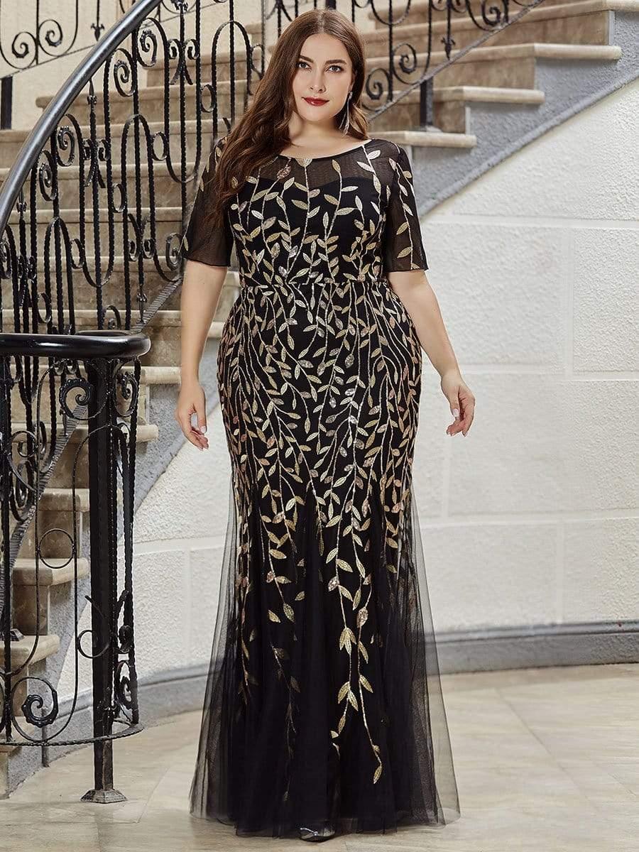 pretty JADEN|Plus Size Sequin Leaf Long Mermaid Tulle Prom Dress - Image 49