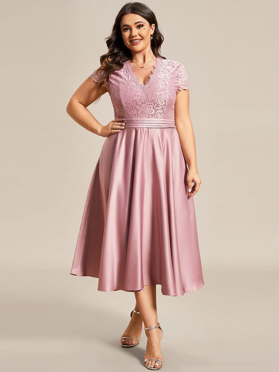pretty HARLEY|Plus Size Lace Cap Sleeve V neck Midi Formal Dress - Image 24