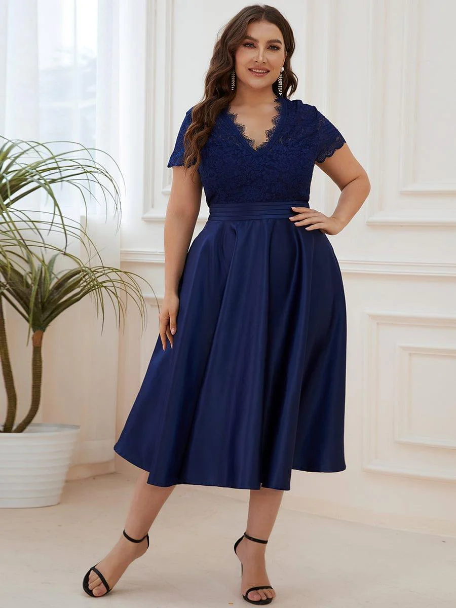 pretty HARLEY|Plus Size Lace Cap Sleeve V neck Midi Formal Dress - Image 6