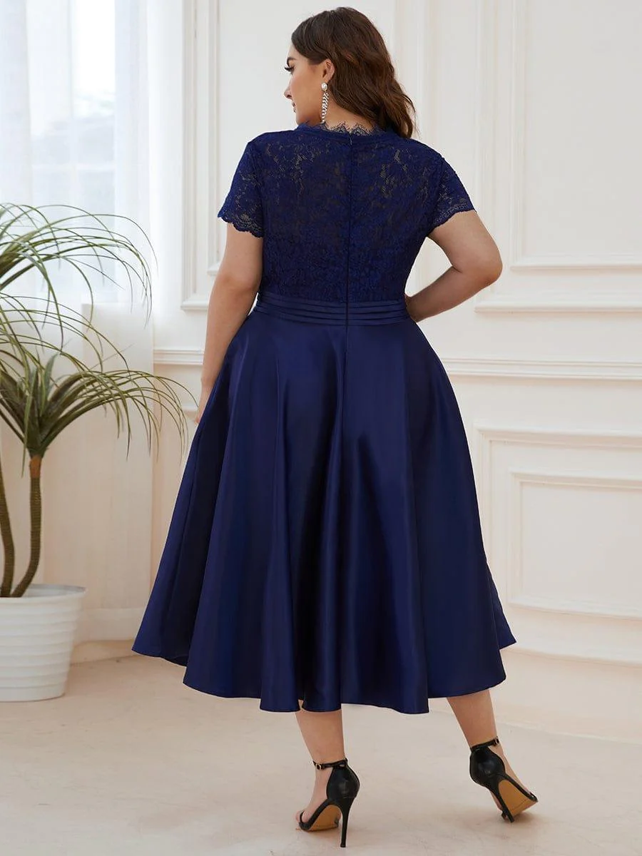 pretty HARLEY|Plus Size Lace Cap Sleeve V neck Midi Formal Dress - Image 7