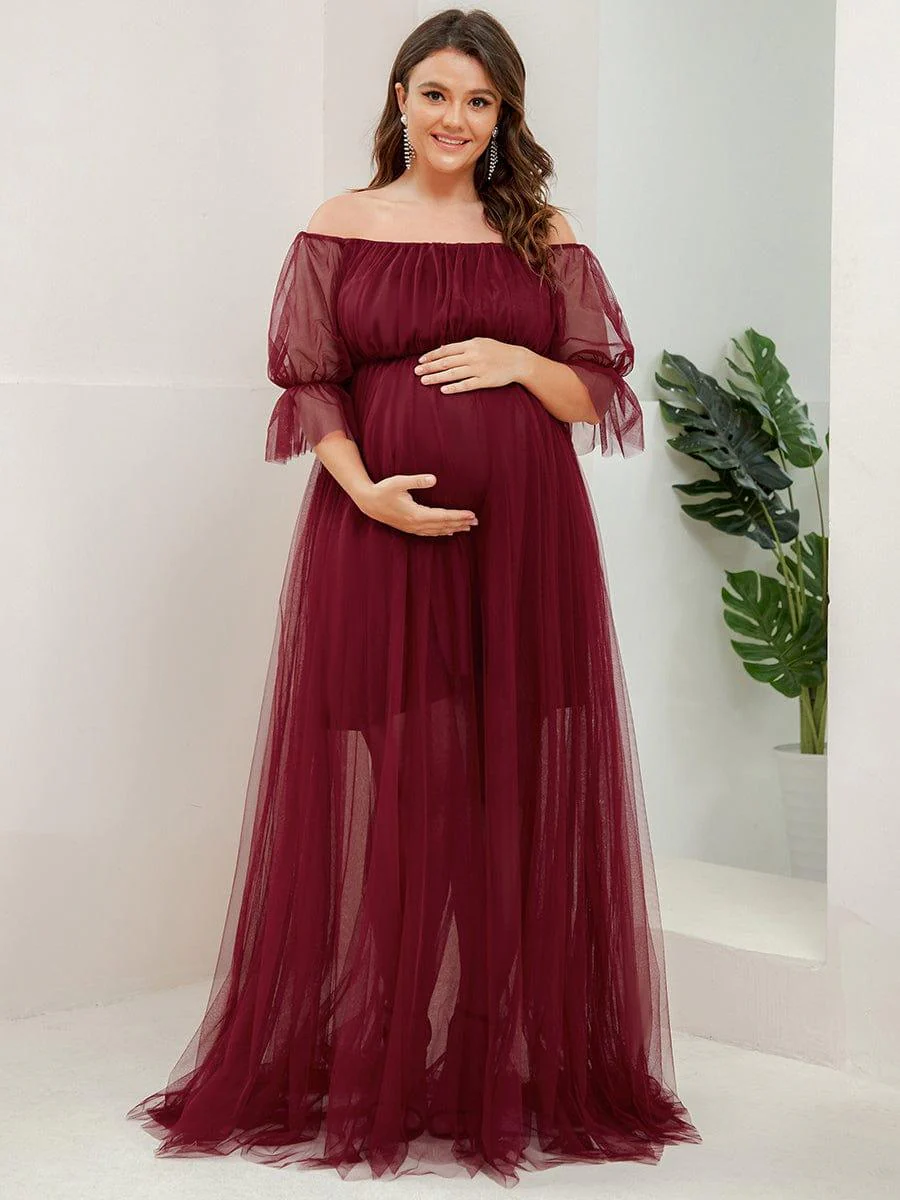 Plus Size Off the Shoulder Pleated Maxi Tulle Maternity Dress - Image 23