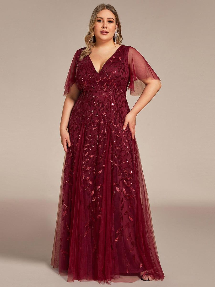 pretty ASTRAL|Plus Size Romantic Shimmery V Neck Ruffle Sleeves Evening Gown - Image 37