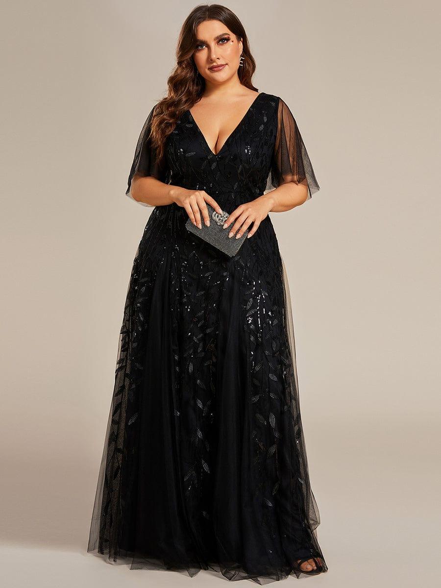 pretty ASTRAL|Plus Size Romantic Shimmery V Neck Ruffle Sleeves Evening Gown - Image 40