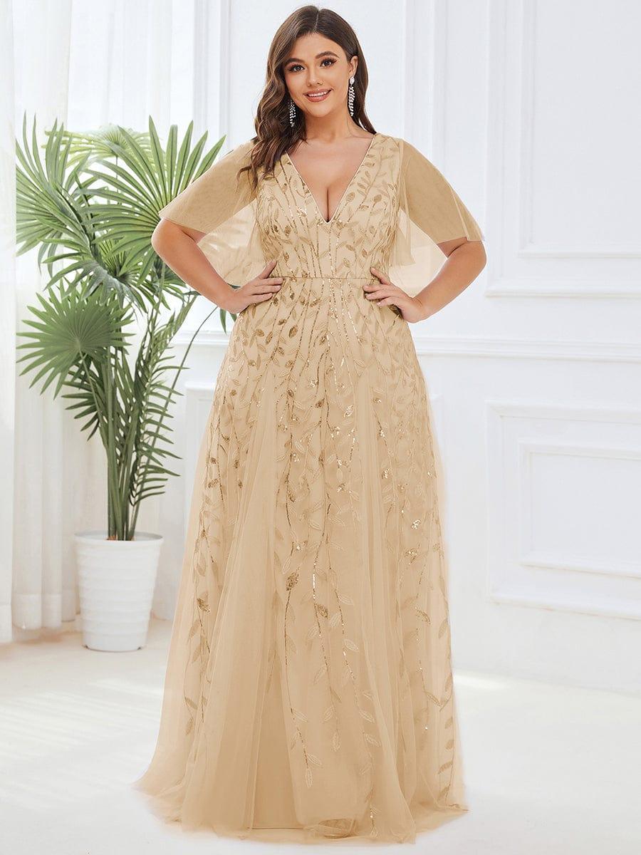 pretty ASTRAL|Plus Size Romantic Shimmery V Neck Ruffle Sleeves Evening Gown - Image 45