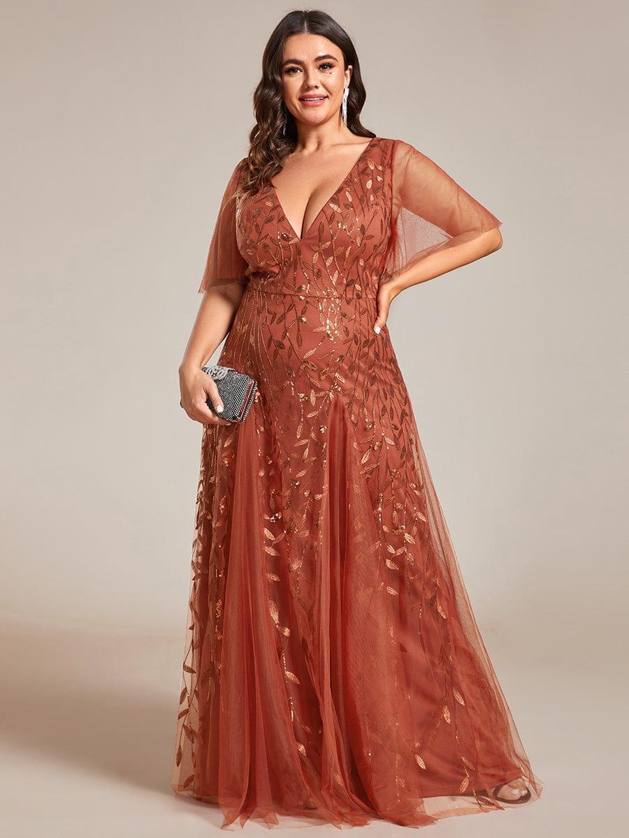 pretty ASTRAL|Plus Size Romantic Shimmery V Neck Ruffle Sleeves Evening Gown - Image 61