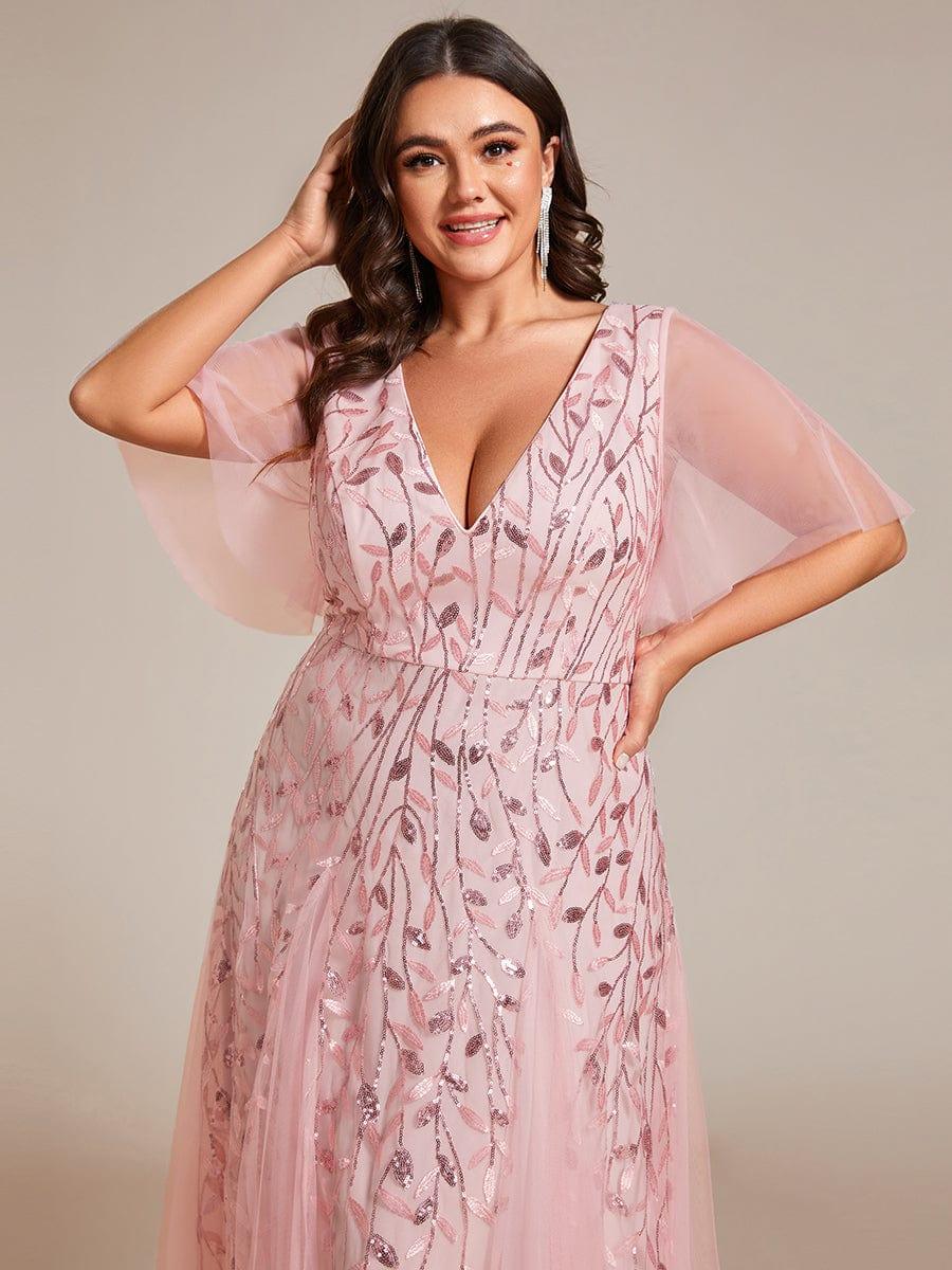 pretty ASTRAL|Plus Size Romantic Shimmery V Neck Ruffle Sleeves Evening Gown - Image 68