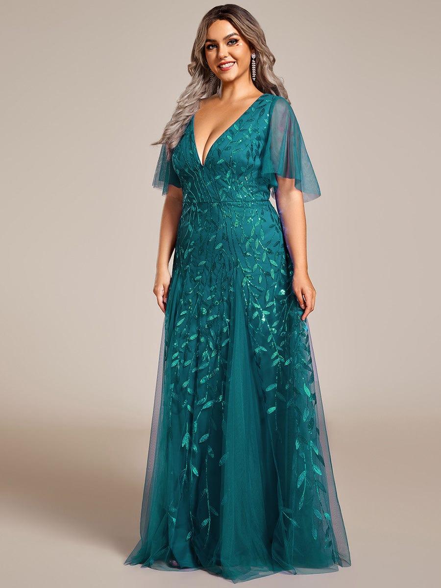 pretty ASTRAL|Plus Size Romantic Shimmery V Neck Ruffle Sleeves Evening Gown - Image 76