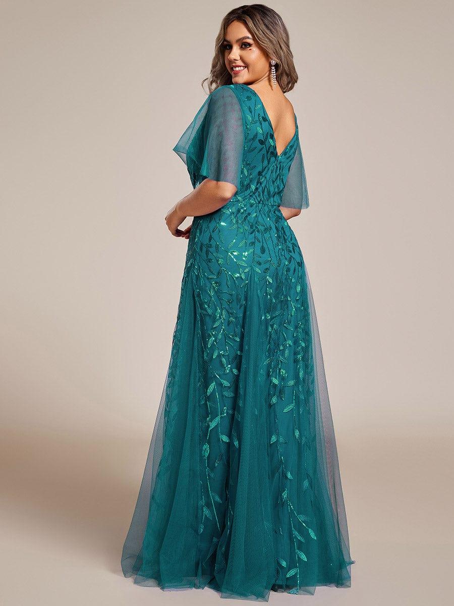 pretty ASTRAL|Plus Size Romantic Shimmery V Neck Ruffle Sleeves Evening Gown - Image 77