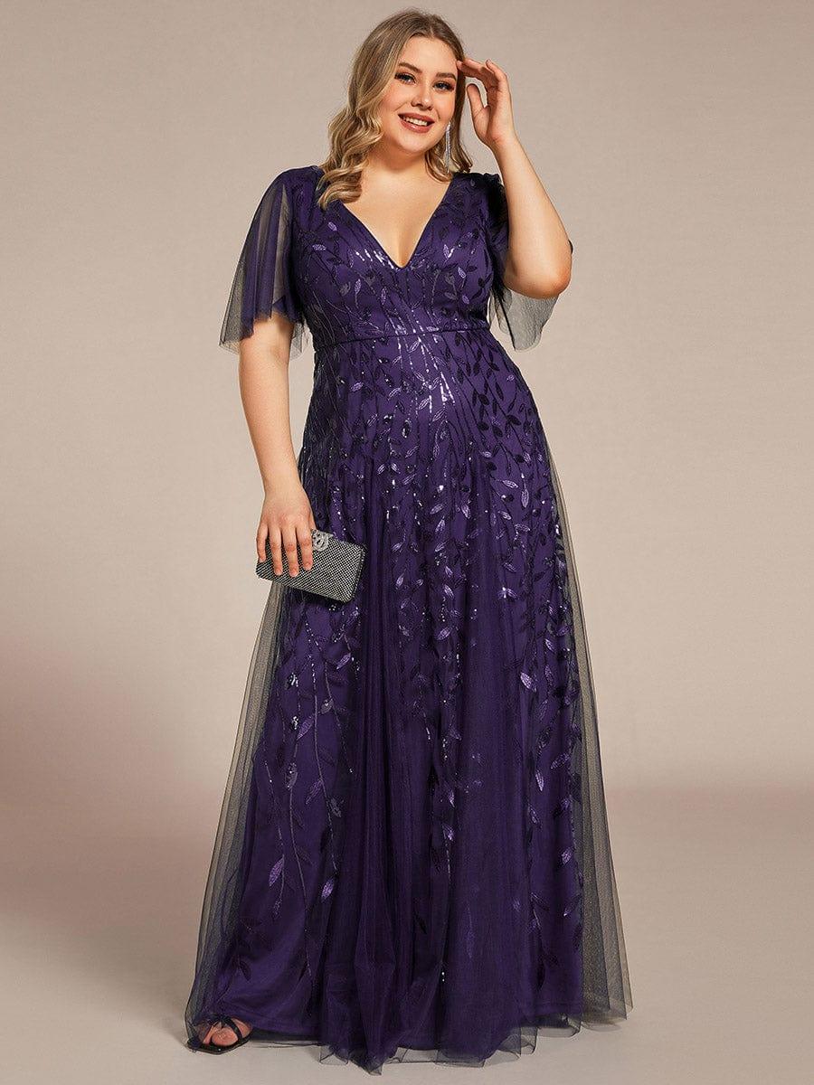pretty ASTRAL|Plus Size Romantic Shimmery V Neck Ruffle Sleeves Evening Gown - Image 86