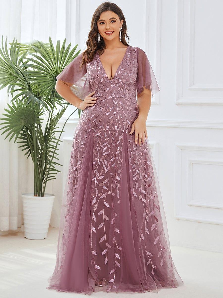 pretty ASTRAL|Plus Size Romantic Shimmery V Neck Ruffle Sleeves Evening Gown - Image 9