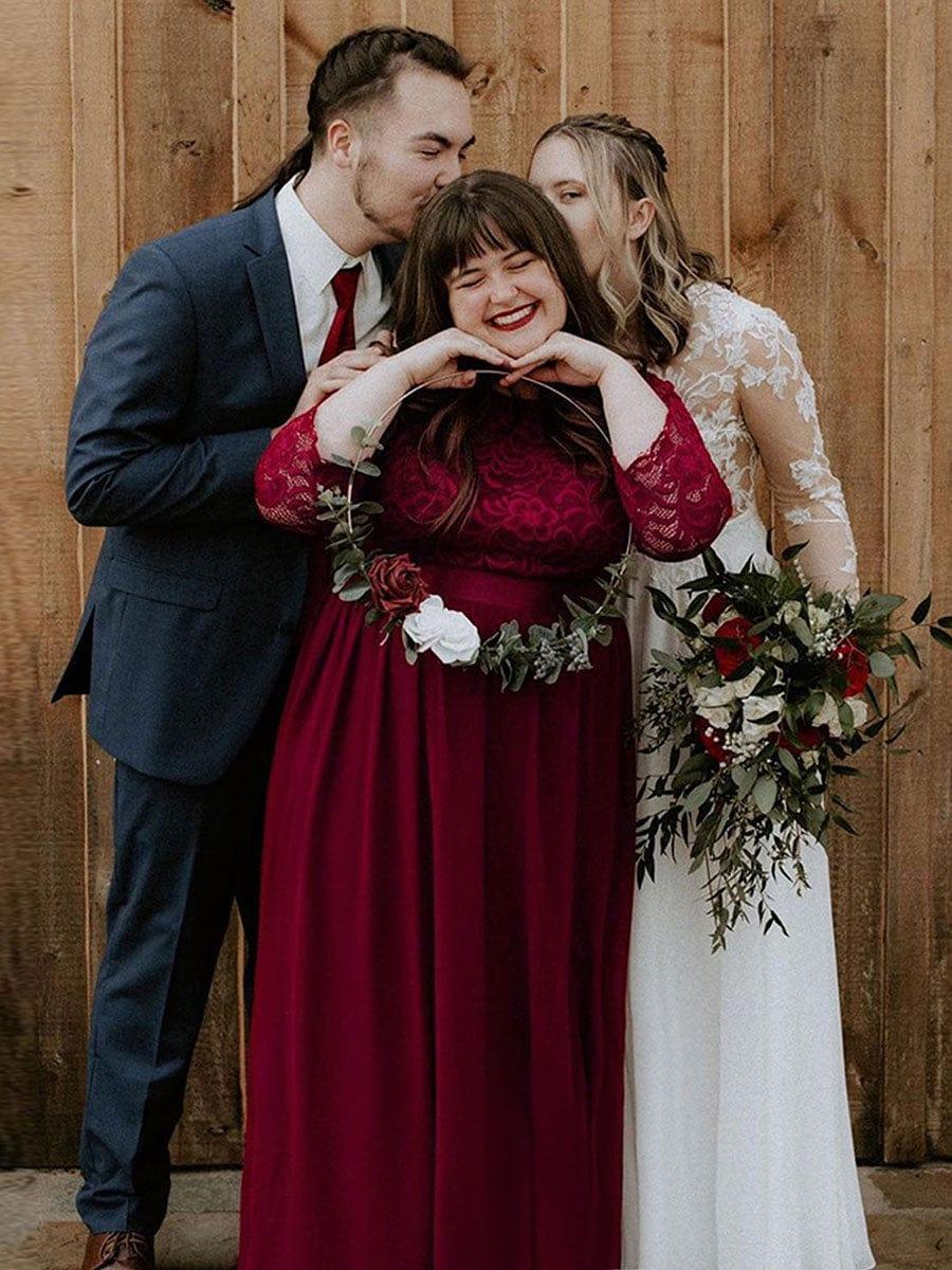 pretty FAUN|Plus Size See-Through Floor Length Lace Bridesmaid Dress With Half Sleeve - Image 14