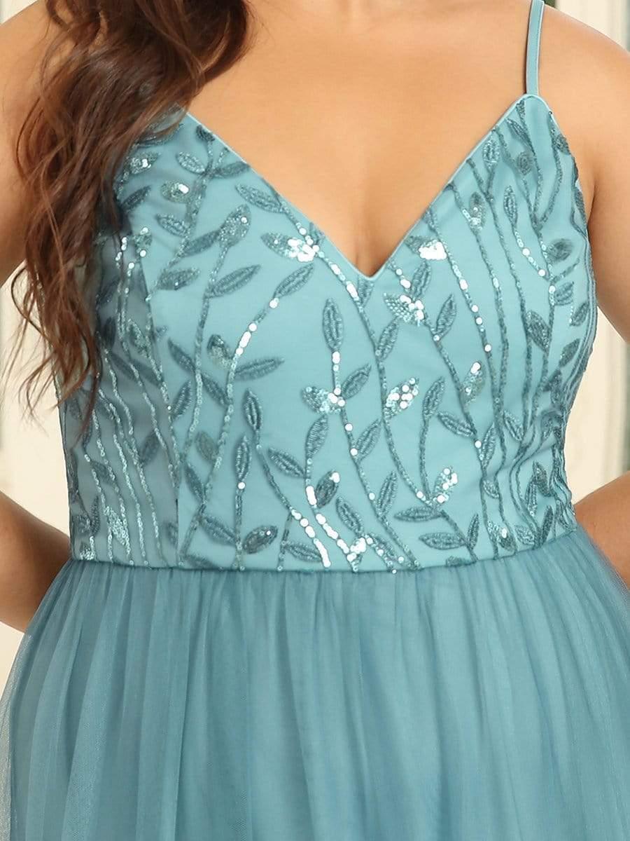 Plus Size V Neck Floral Sequined Spaghetti Straps Maxi Evening Dress(Final Sale) - Image 12