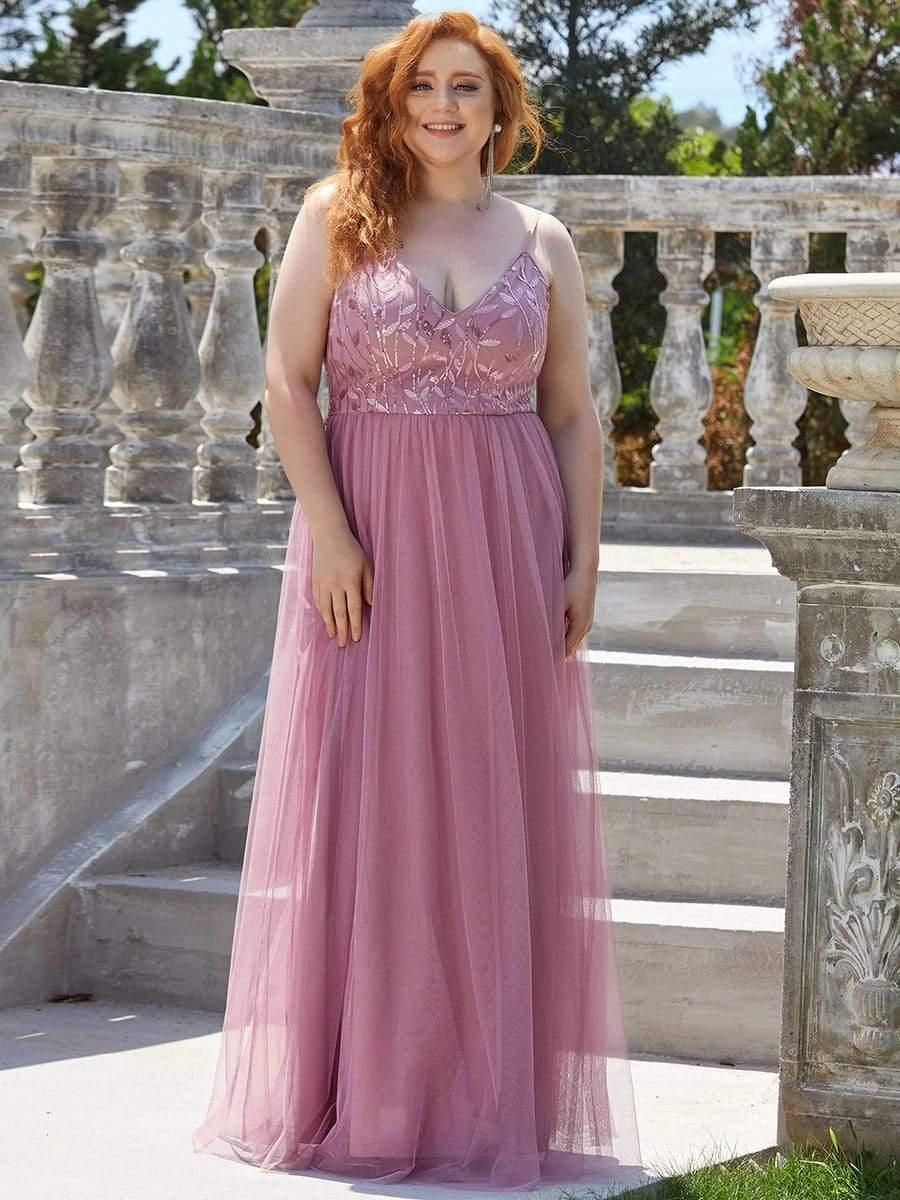 Plus Size V Neck Floral Sequined Spaghetti Straps Maxi Evening Dress(Final Sale) - Image 5