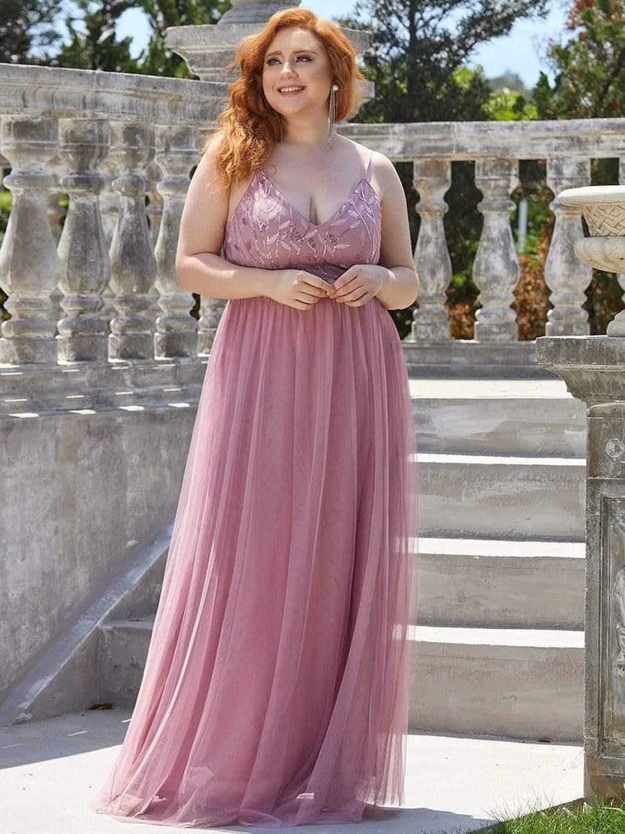 Plus Size V Neck Floral Sequined Spaghetti Straps Maxi Evening Dress(Final Sale) - Image 8