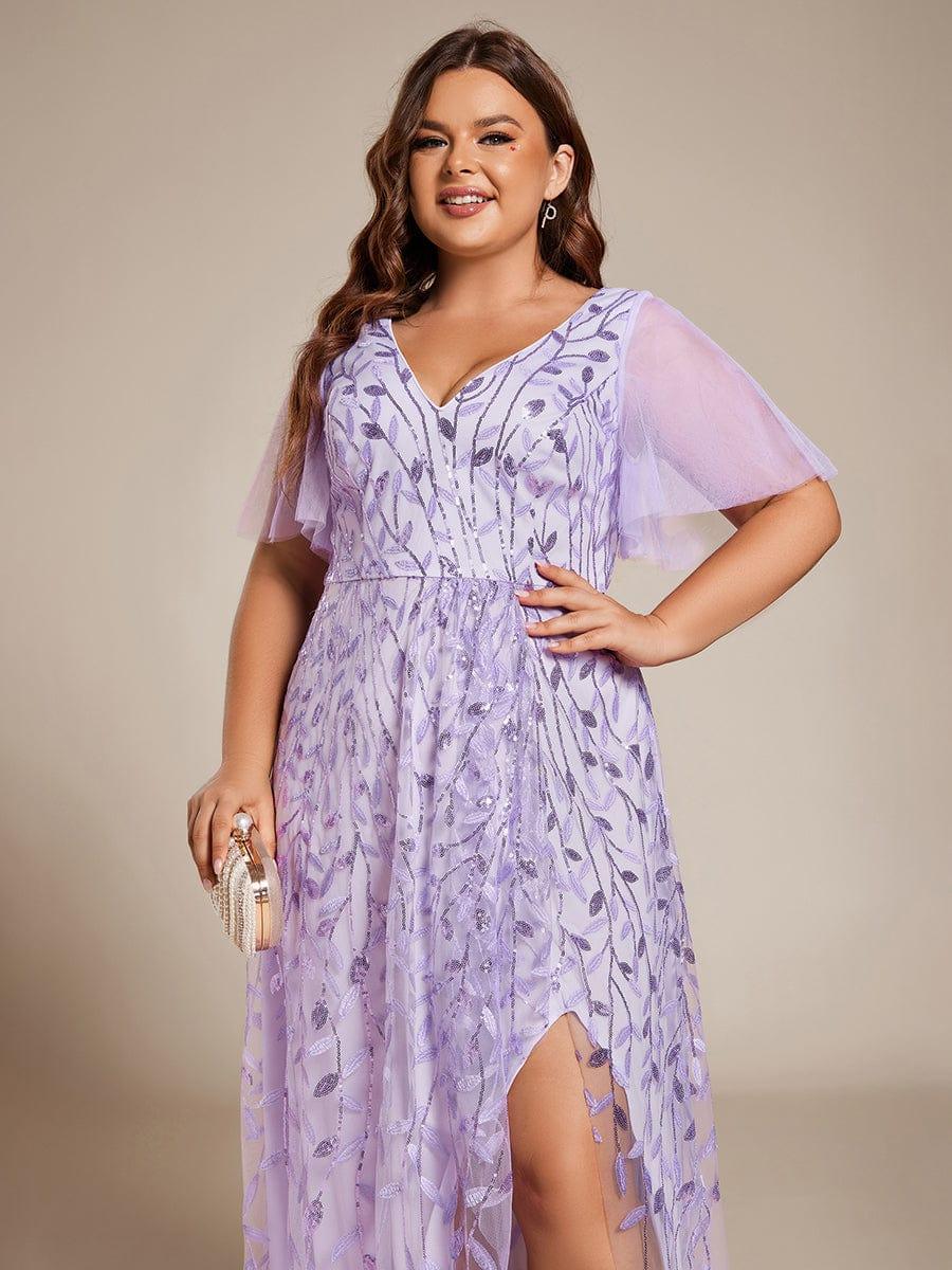 pretty ALIX|Plus Size V-Neck High Slit Sequined Evening Dresses - Image 23