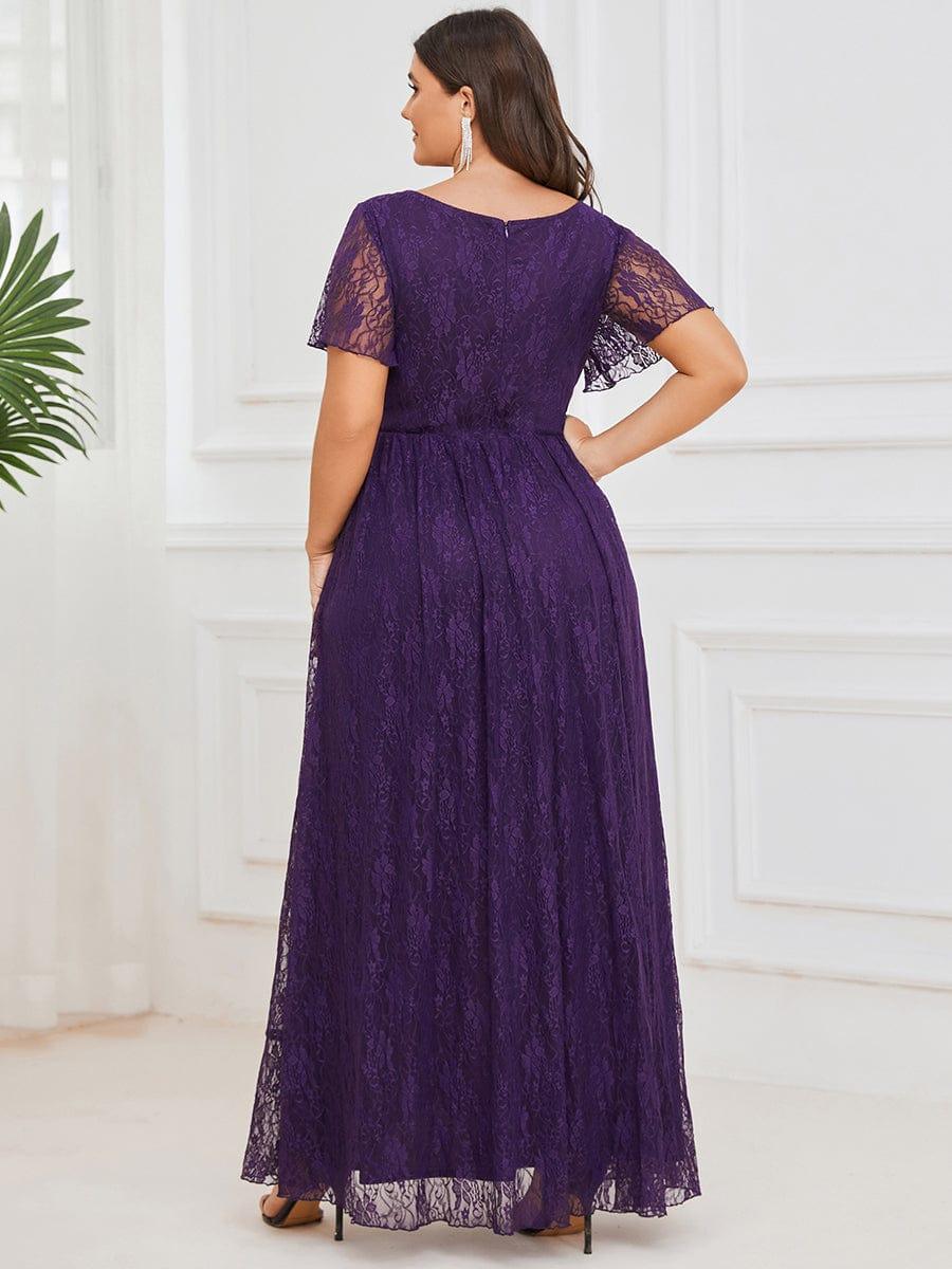pretty ELISE|Plus Size V-Neck Short Sleeve Pleated Ruffled Lace Evening Dress - Image 11