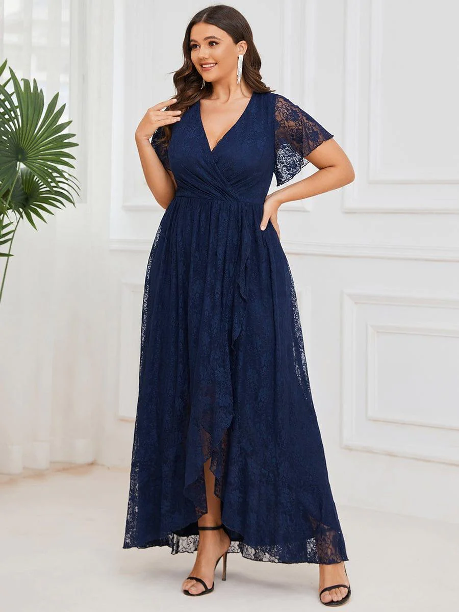 pretty ELISE|Plus Size V-Neck Short Sleeve Pleated Ruffled Lace Evening Dress - Image 15