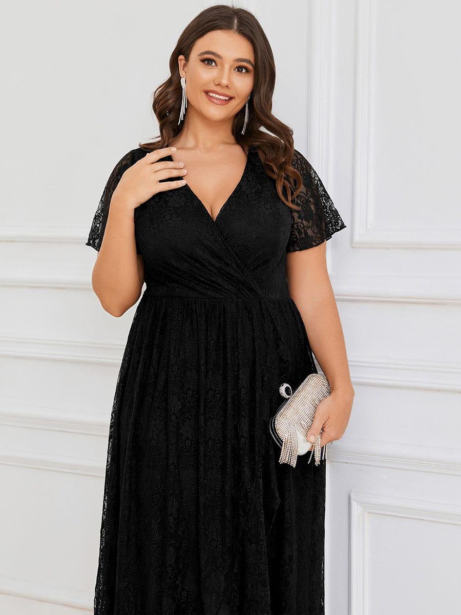 pretty ELISE|Plus Size V-Neck Short Sleeve Pleated Ruffled Lace Evening Dress - Image 25