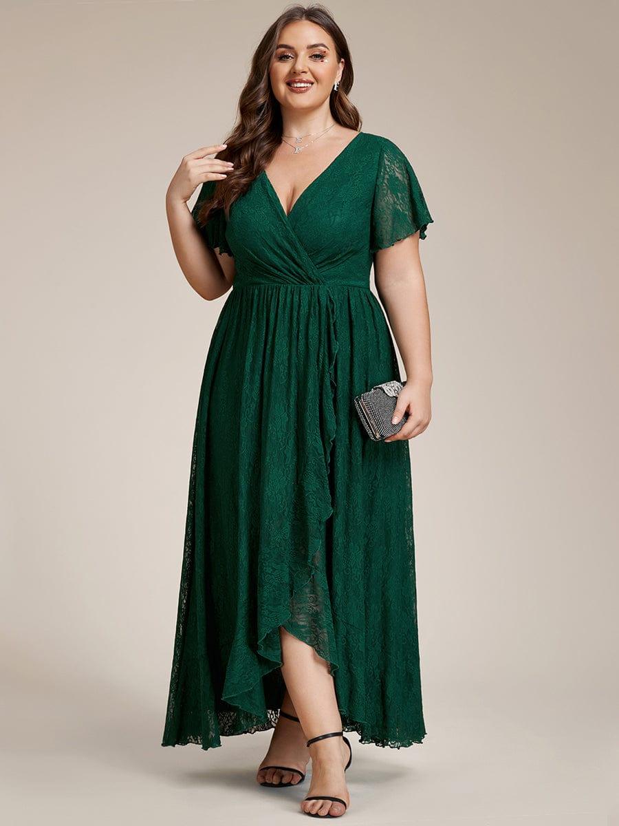 pretty ELISE|Plus Size V-Neck Short Sleeve Pleated Ruffled Lace Evening Dress - Image 37