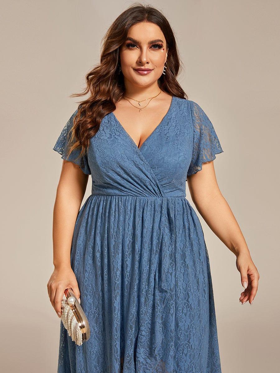 pretty ELISE|Plus Size V-Neck Short Sleeve Pleated Ruffled Lace Evening Dress - Image 40