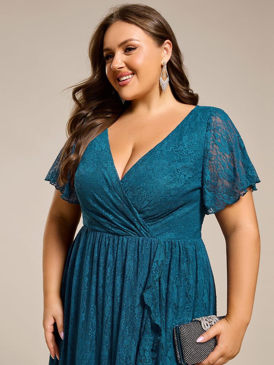 pretty ELISE|Plus Size V-Neck Short Sleeve Pleated Ruffled Lace Evening Dress - Image 58