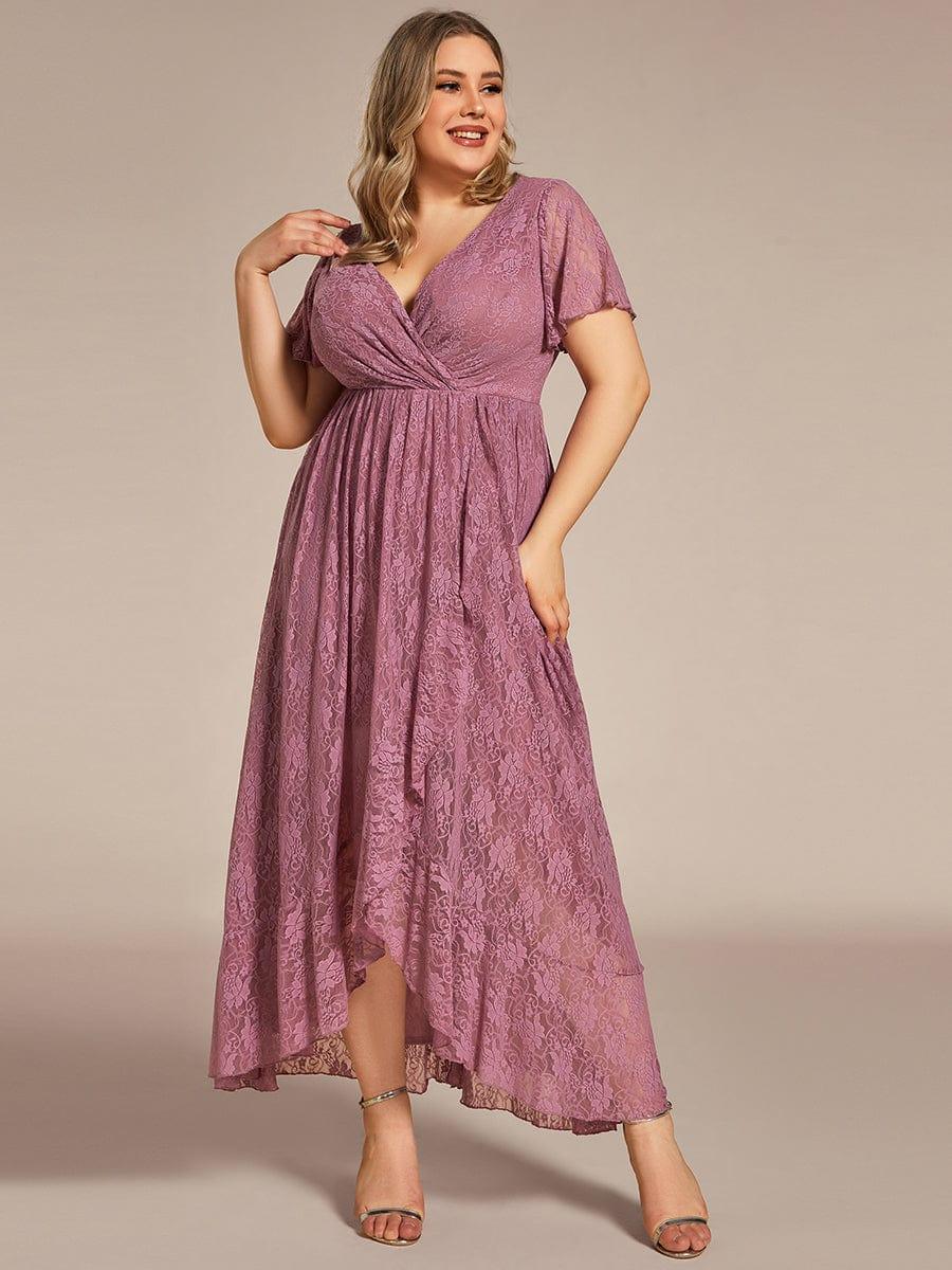 pretty ELISE|Plus Size V-Neck Short Sleeve Pleated Ruffled Lace Evening Dress - Image 61