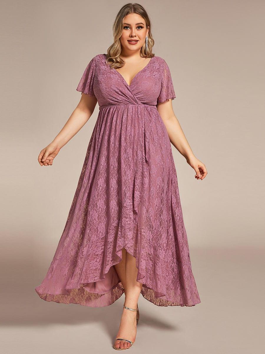 pretty ELISE|Plus Size V-Neck Short Sleeve Pleated Ruffled Lace Evening Dress - Image 65
