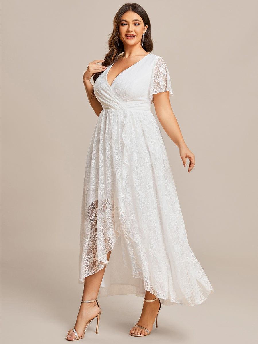 pretty ELISE|Plus Size V-Neck Short Sleeve Pleated Ruffled Lace Evening Dress - Image 9