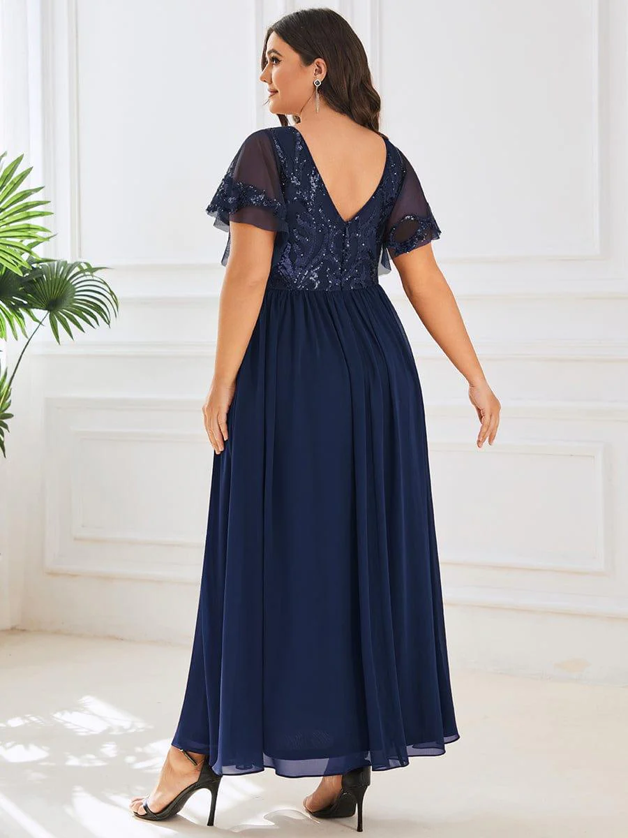 pretty HAZEL|Plus Size V-Neck Short Sleeve Sequin Bodice Mother of the Bride Dress - Image 14