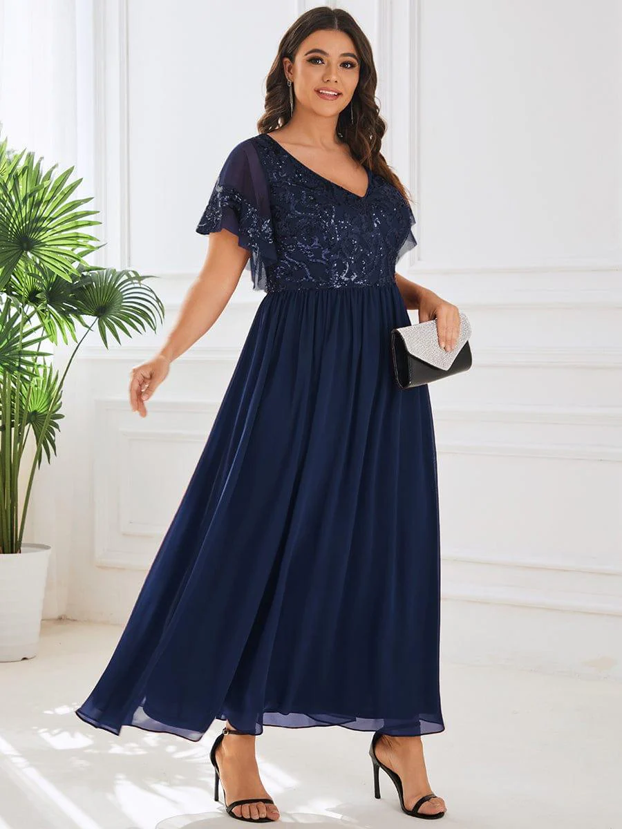 pretty HAZEL|Plus Size V-Neck Short Sleeve Sequin Bodice Mother of the Bride Dress - Image 16