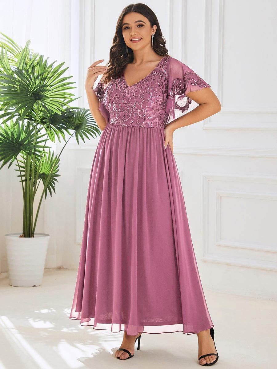 pretty HAZEL|Plus Size V-Neck Short Sleeve Sequin Bodice Mother of the Bride Dress - Image 18